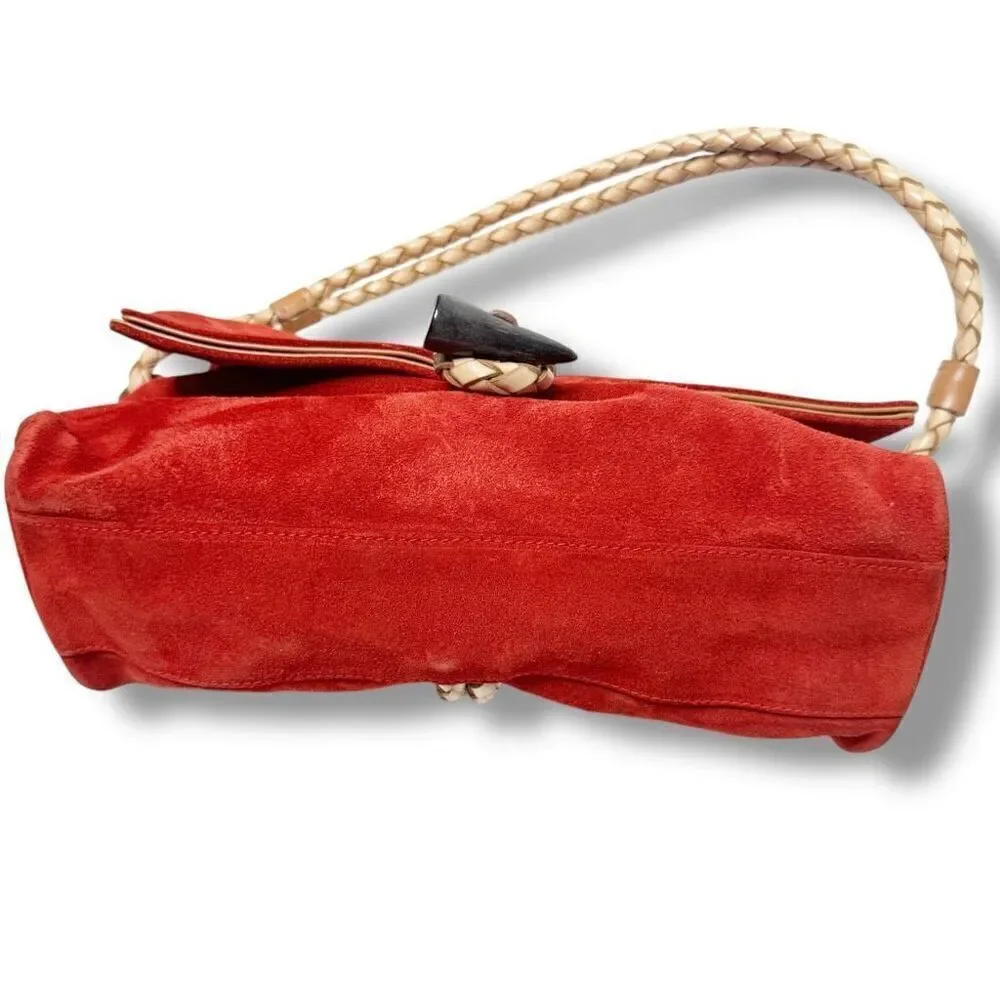 BURBERRY Suede Haymarket Check Horn Toggle Braided Leather Shoulder Bag Red